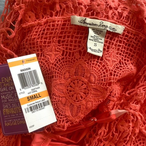 NWT American Rag Cie Lined Sleeveless Tiered Crochet Dress Size Small Hot Coral - Picture 7 of 8